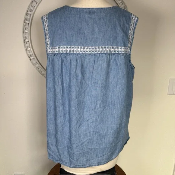J. Jill Denim Embroidered Floral Chambray Denim Sleeveless Shirt Tank Top XL - Picture 5 of 12